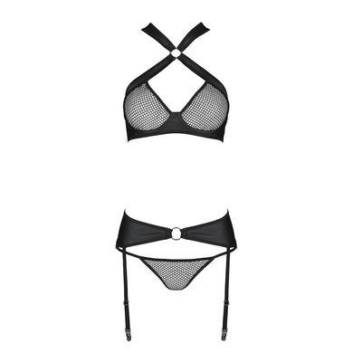 Сітчастий набір, бюстгальтер з халтером, трусики та пояс для панчох AMANDA SET L/XL, black