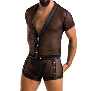 Комплект сетчатого мужского белья Passion 052 SET MICHAEL S/M black, рубашка, боксеры, заклепки