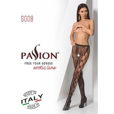 Эротические колготки-бодистокинг Passion S008 black, ажурные колготки с вырезом и лампасами-сеткой