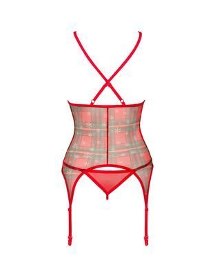 Корсет Obsessive Jollymore corset, XS/S, у клітинку, з мереживом, пажі для панчіх, стрінги в комплекті