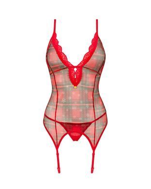 Корсет Obsessive Jollymore corset, XS/S, у клітинку, з мереживом, пажі для панчіх, стрінги в комплекті