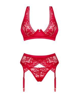 Комплект белья Obsessive Lacelove cupless 3-pcs set M/L Red, бюстгальтер, стринги, пояс для чулок