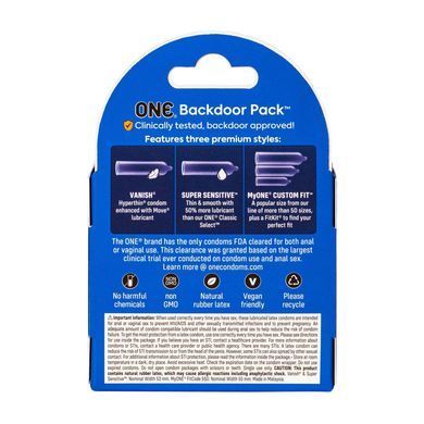 Презервативи ONE Backdoor, 3 шт, 3 види, картонне паковання