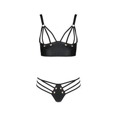 Комплект из эко-кожи с люверсами и ремешками Passion MALWIA BIKINI S/M, black, бра и трусики
