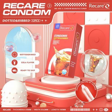 Презервативи Recare Cola Dotted&Ribbed Condoms 12 шт, з пухирцями та ребрами, аромат: Кола