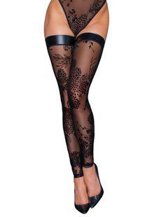Панчохи без миска Noir Handmade F243 Tulle stockings with patterned flock embroidery, 3XL