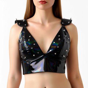 Лакований вініловий ліф з шипами Art of Sex - Mistress, чорний з ефектом голограми, розмір L
