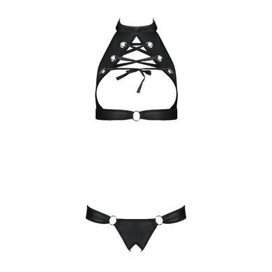 Комплект из экокожи Passion MALWIA SET with Open Bra 4XL/5XL black, топ и трусики с люверсами