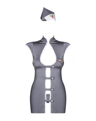 Эротический костюм стюардессы Obsessive Stewardess 3 pcs grey L/XL, серый, платье, стринги, пилотка