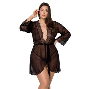 Пеньюар Passion AMBERLY PEIGNOIR 4XL/5XL, black, ажурные декольте и манжеты, широкие рукава