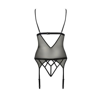 Корсет з відкритими грудьми Passion DIABOLINA CORSET S/M, black, пажі, трусики, напівпрозорий