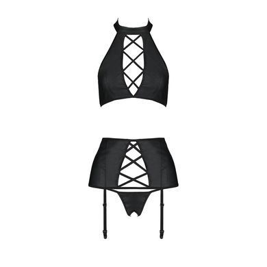 Комплект з еко-шкіри з імітацією шнурівки Passion NANCY SET L/XL black топ, трусики, пояс для панчіх
