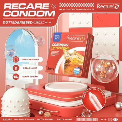 Презервативи Recare Cola Dotted&Ribbed Condoms 3 шт, з пухирцями та ребрами, аромат: Кола