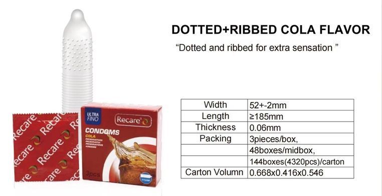 Презервативи Recare Cola Dotted&Ribbed Condoms 3 шт, з пухирцями та ребрами, аромат: Кола