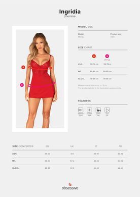Пеньюар Obsessive Ingridia chemise & thong XS/S, червоний, сорочка, стрінги