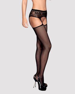 Сітчасті панчохи-стокінги з мереживним поясом Obsessive Garter stockings S307 XL/XXL, чорні